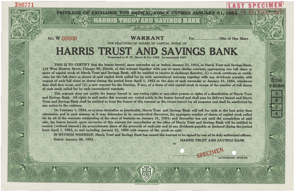 Harris Trust and Savings Bank. Stock Certificate