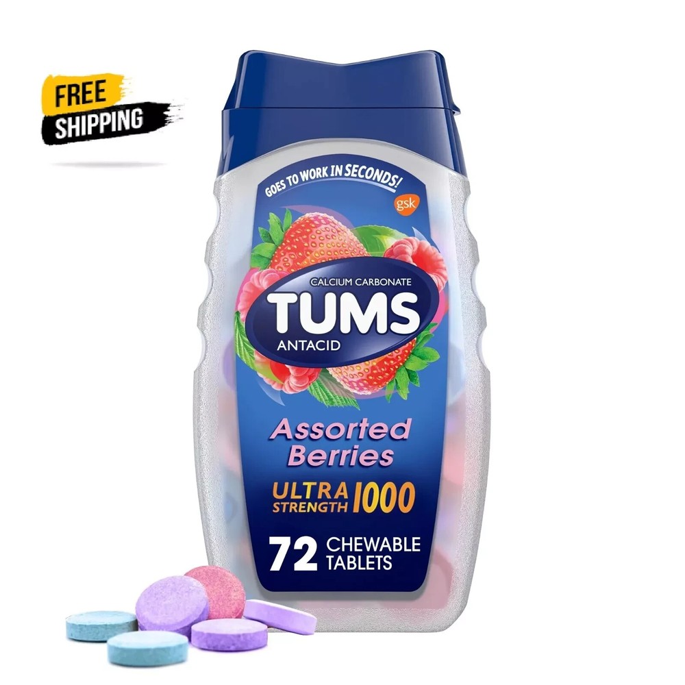 TUMS Ultra Strength 1000 Assorted Berries Chewable Tablets 72 Count for Fast Heartburn Relief