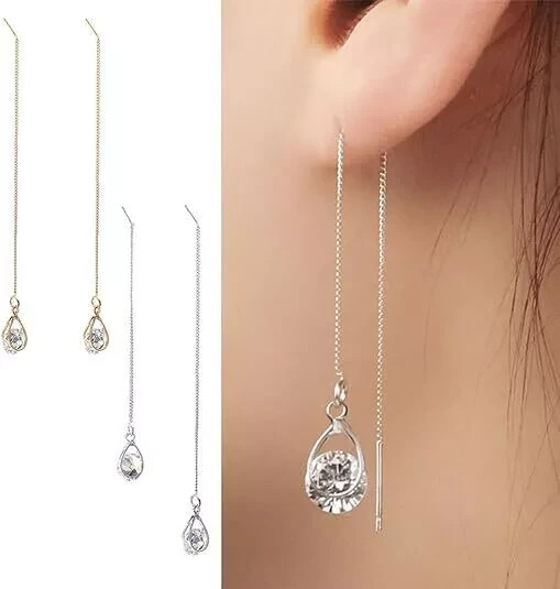 925 Silver Hot Long Chain Earrings Stud Threader Long Drop Tassel Crystal Dangle