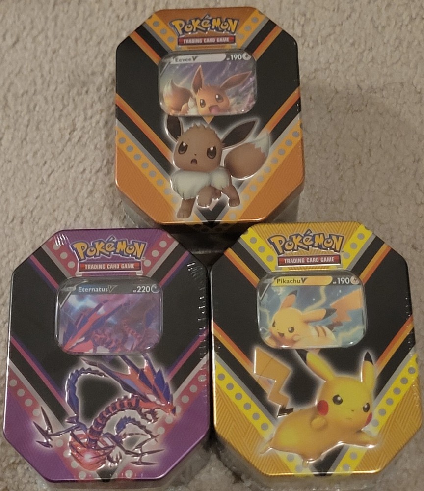 2020 Pokemon Pikachu Eevee Eternatus V Powers Tins Set of 3 Sealed New