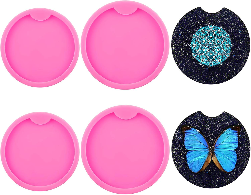 Patelai 4 Pieces Car Coaster Mold DIY round Coaster Silicone Mold Epoxy Resin Ca