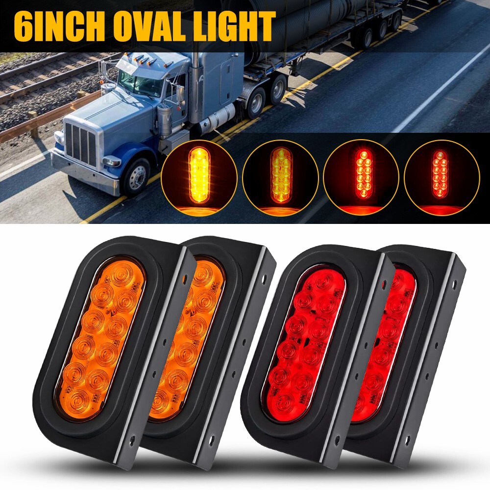 4pcs 6-Inch Red Amber LED Oval Trailer Brake Stop Turn Signal Running Lights