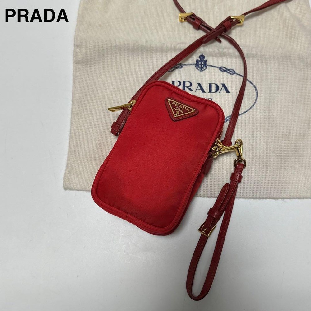 Prada Triangle Logo Nylon Saffiano Leather Shoulder Bag Crossbody Red S69