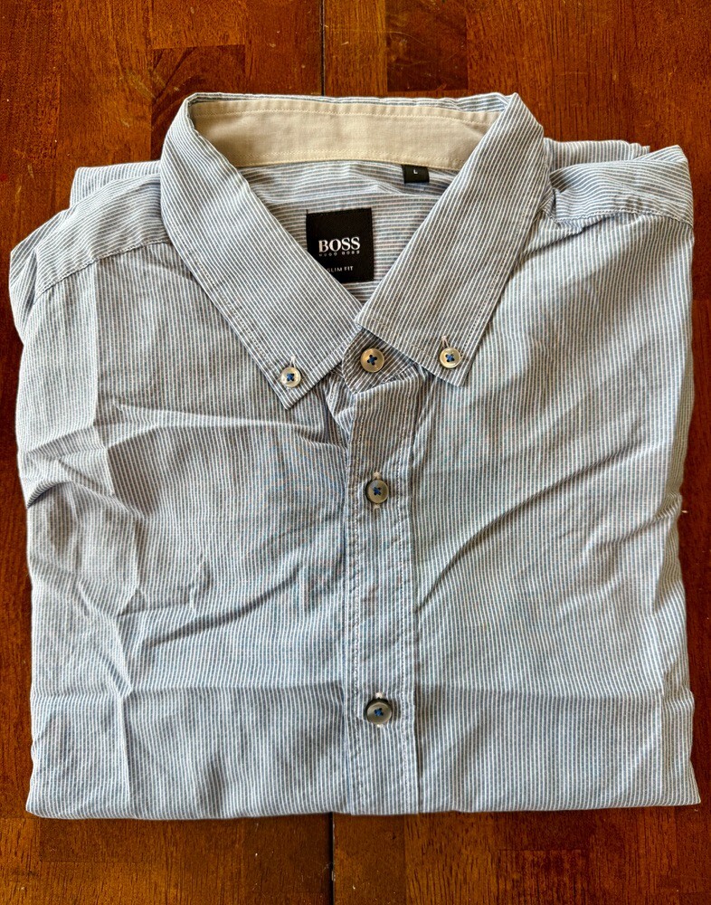 Hugo Boss Men's Slim Fit Blue Cotton Long Sleeve Shirt Large Button Down