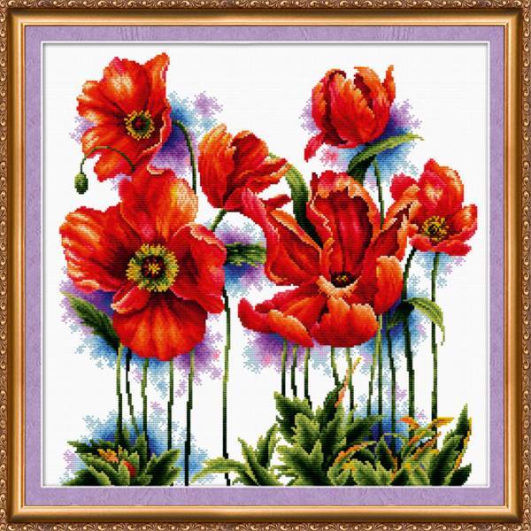 Cross stitch kit - Purple Poppies 40x40cm White Aida 14ct needlepoint kit