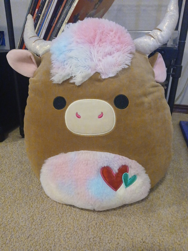 Squishmallow Candela Brown Highland Cow 16” Rainbow Fuzzy Belly Valentine Used