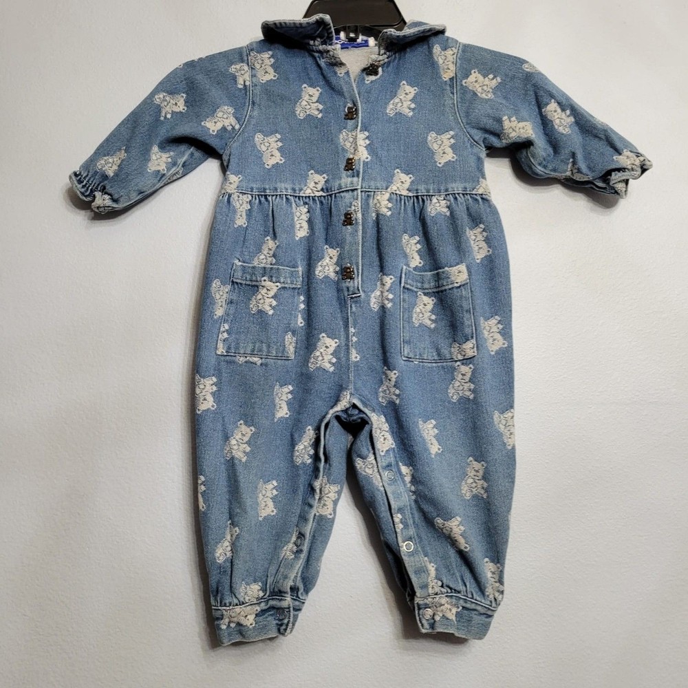 Vintage Denim Romper Jumpsuit All Over Teddy Bear Print Collared Ruffled 24 mo