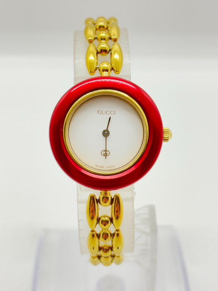 [Exc+3] GUCCI Change Bezel Dial colors Red Watch Gold Bracelet Used Working