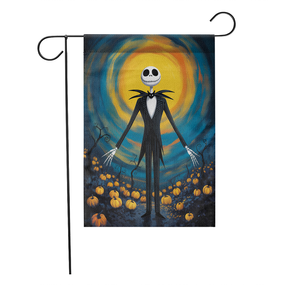 Halloween Garden Flag – Skeleton in Pumpkin Field with Swirling Night Sky