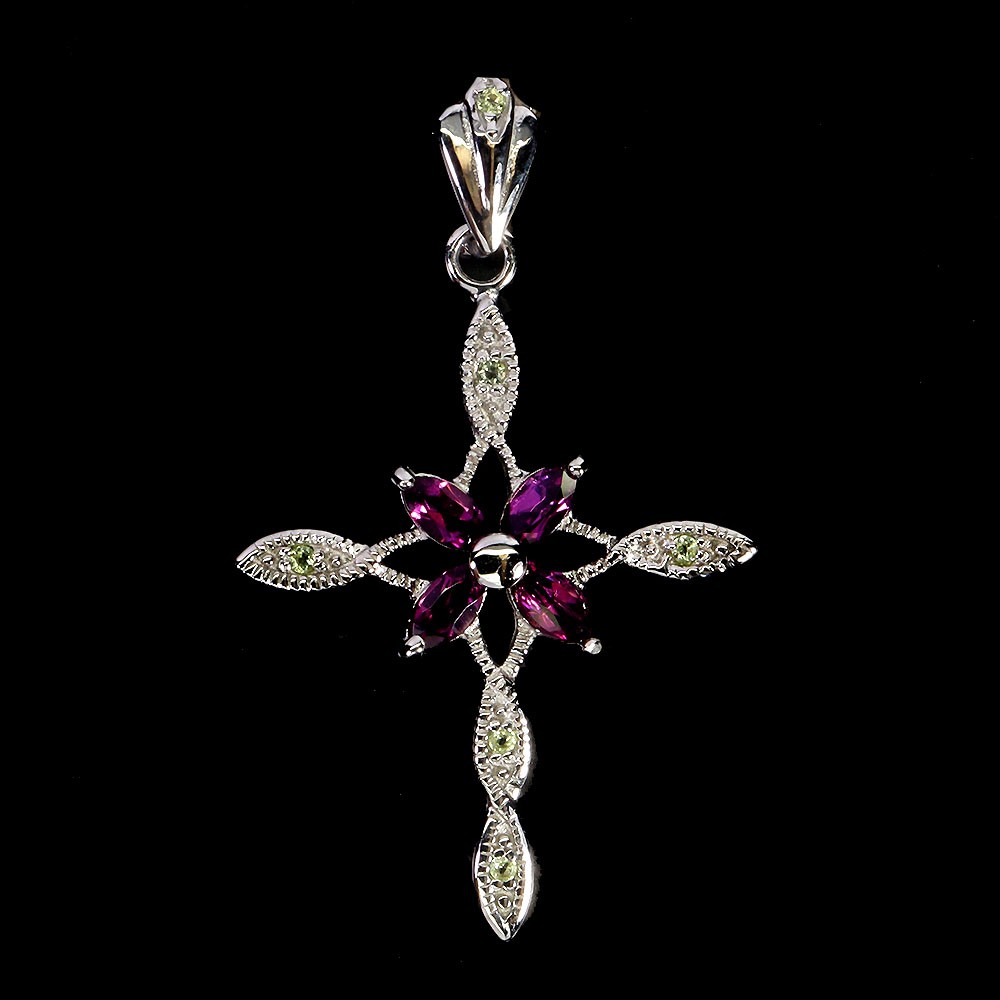 925 Sterling Silver Pendant Marquise Rhodolite Peridot Gemstone Cross Jewelry