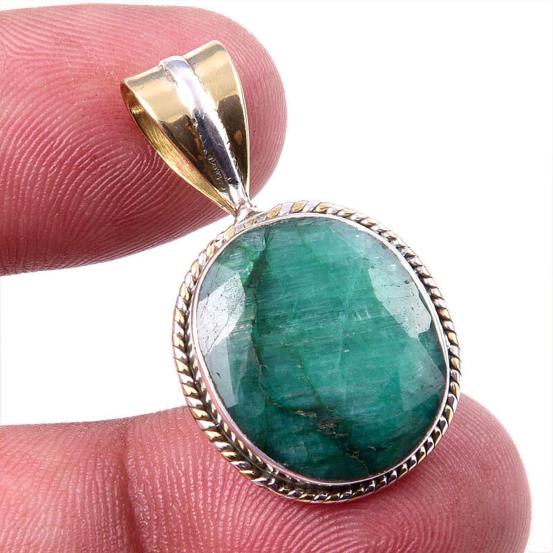 Emerald Simulated 925 Sterling Silver Two-Tone Handmade Pendant 1.25 Inch Gift