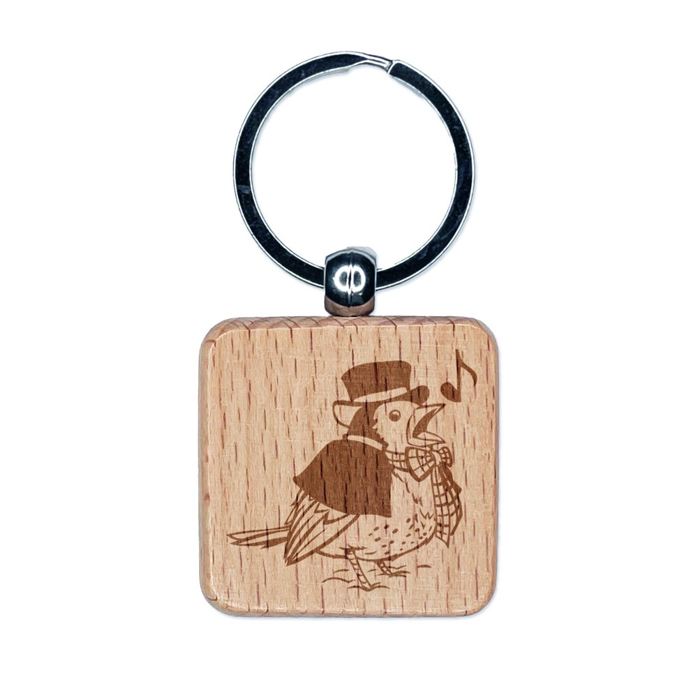 Christmas Caroler Robin Wood Keychain Charm Engraved Song Bird