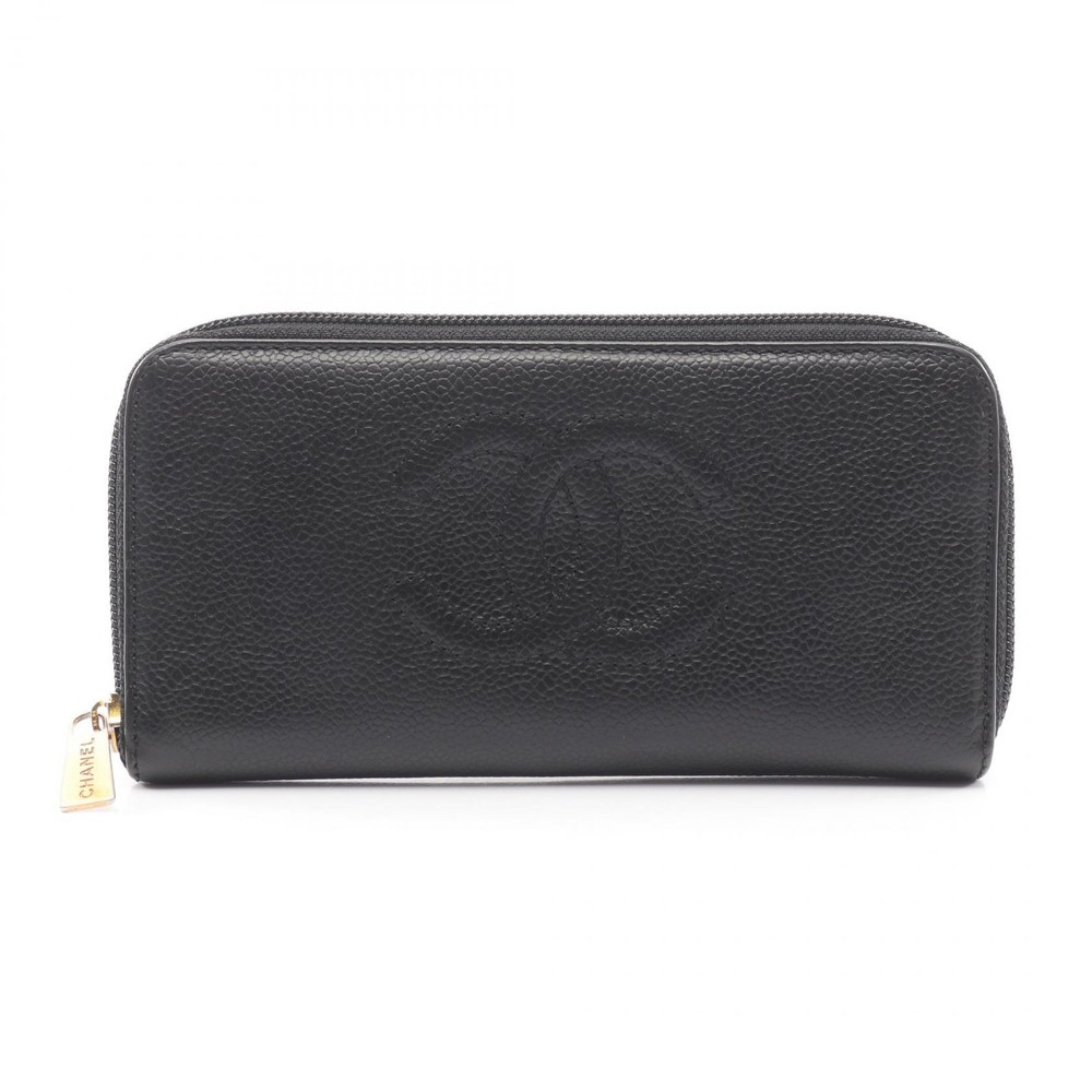 CHANEL Coco Mark Long Wallet Caviar Skin Black Leather Used