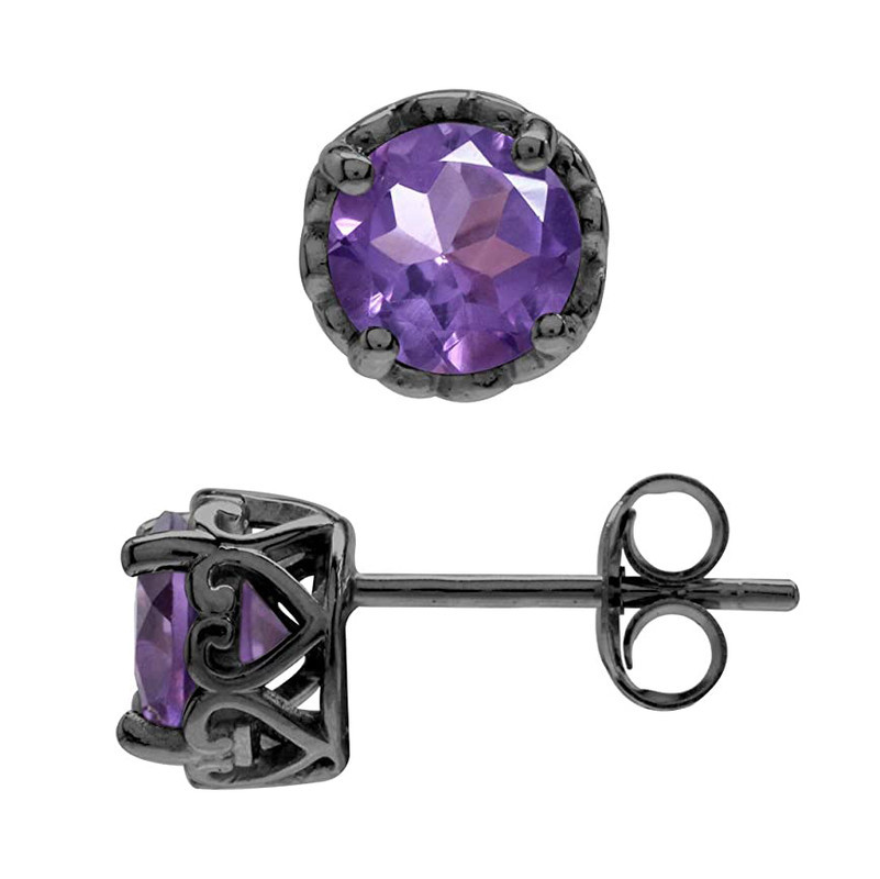 6 MM Amethyst Black Rhodium 925 Sterling Silver Victorian Stud Earrings