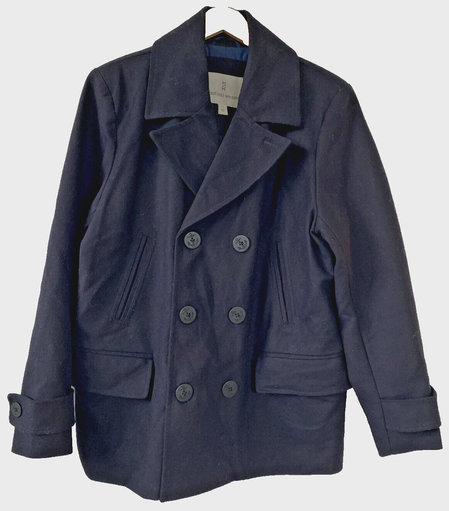 Double Breasted Navy Wool Pea Coat Mens Large Overcoat-image