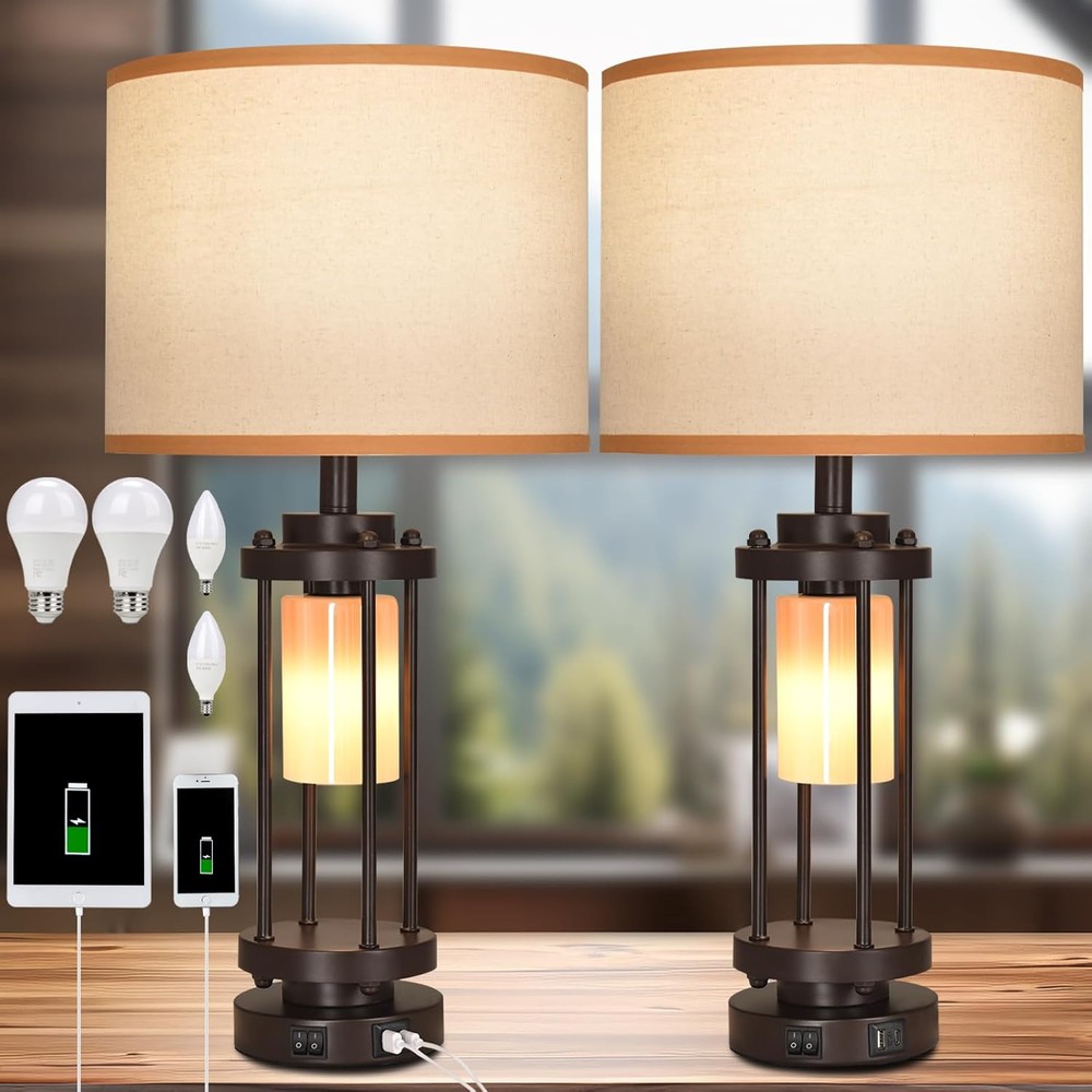27-Inch Black Table Lamps for Living Room with USB C+A Ports Set of 2