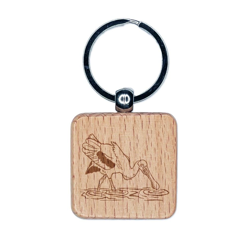 Roseate Spoonbill Wading in Water Bird Engraved Wood Square Keychain Tag Charm