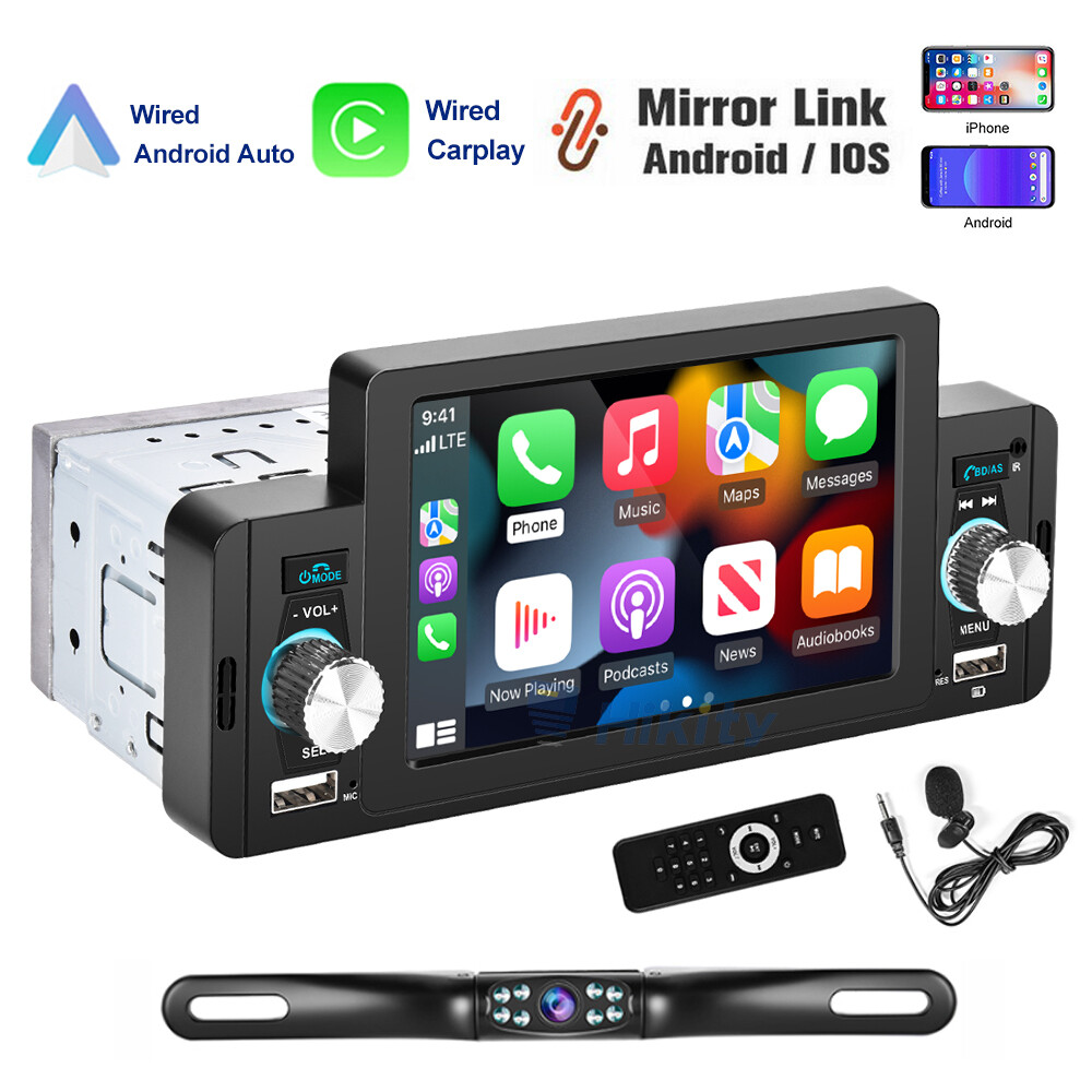1 Din Car Stereo with Apple CarPlay, Android Auto & Touch Screen MP5 Player