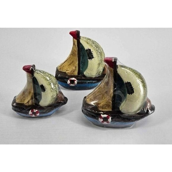New Set of 3 Nautical Sailboat Candles with Small Life Perserver Decor on Each