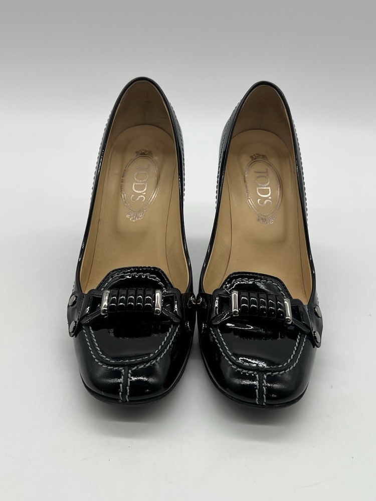 Tods Womens 9.5 Black Patent Leather High Pump Heeled Horsebit Split Toe Shoes.