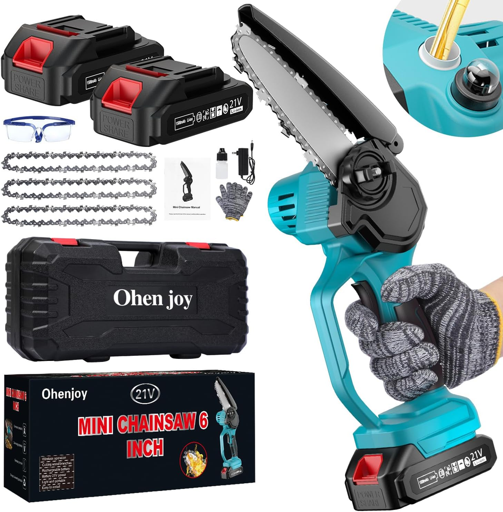 Mini 6-Inch Cordless Chainsaw with Auto-Oiler and 2 Batteries