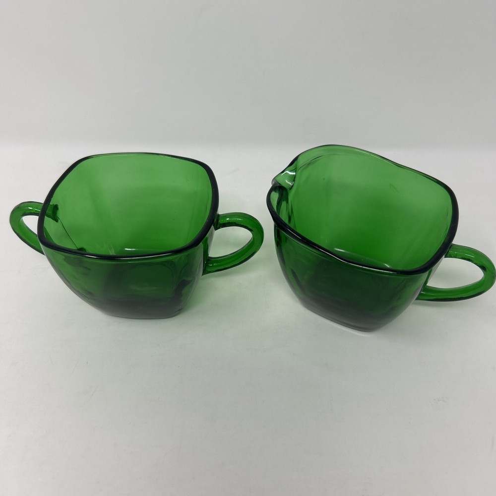 Anchor Hocking Charm Emerald Glass Vintage Square Creamer & Sugar Set (1238)