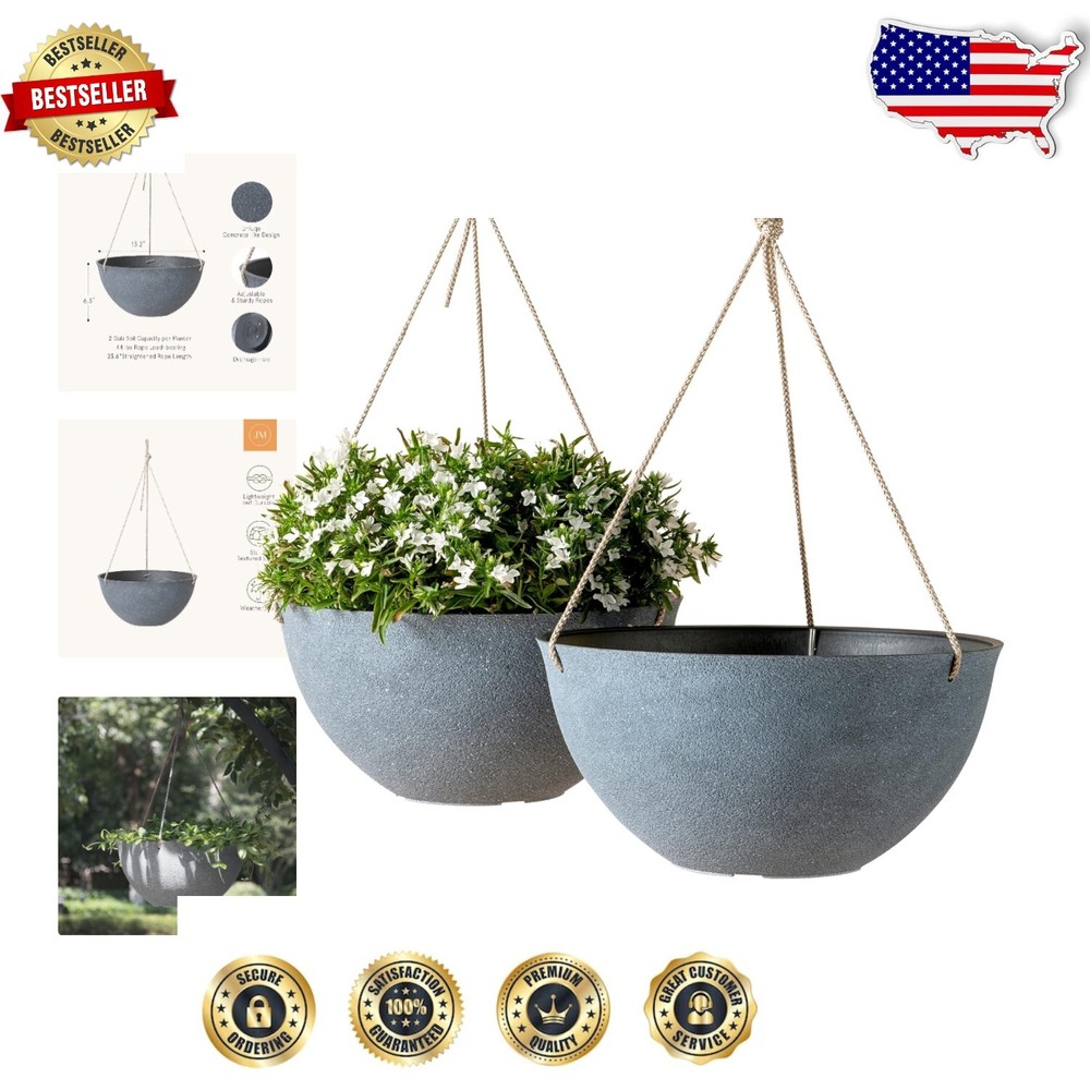 Weather-Resistant Large Hanging Planters - Set of 2 in Weathered Gray, 13.2 Inch