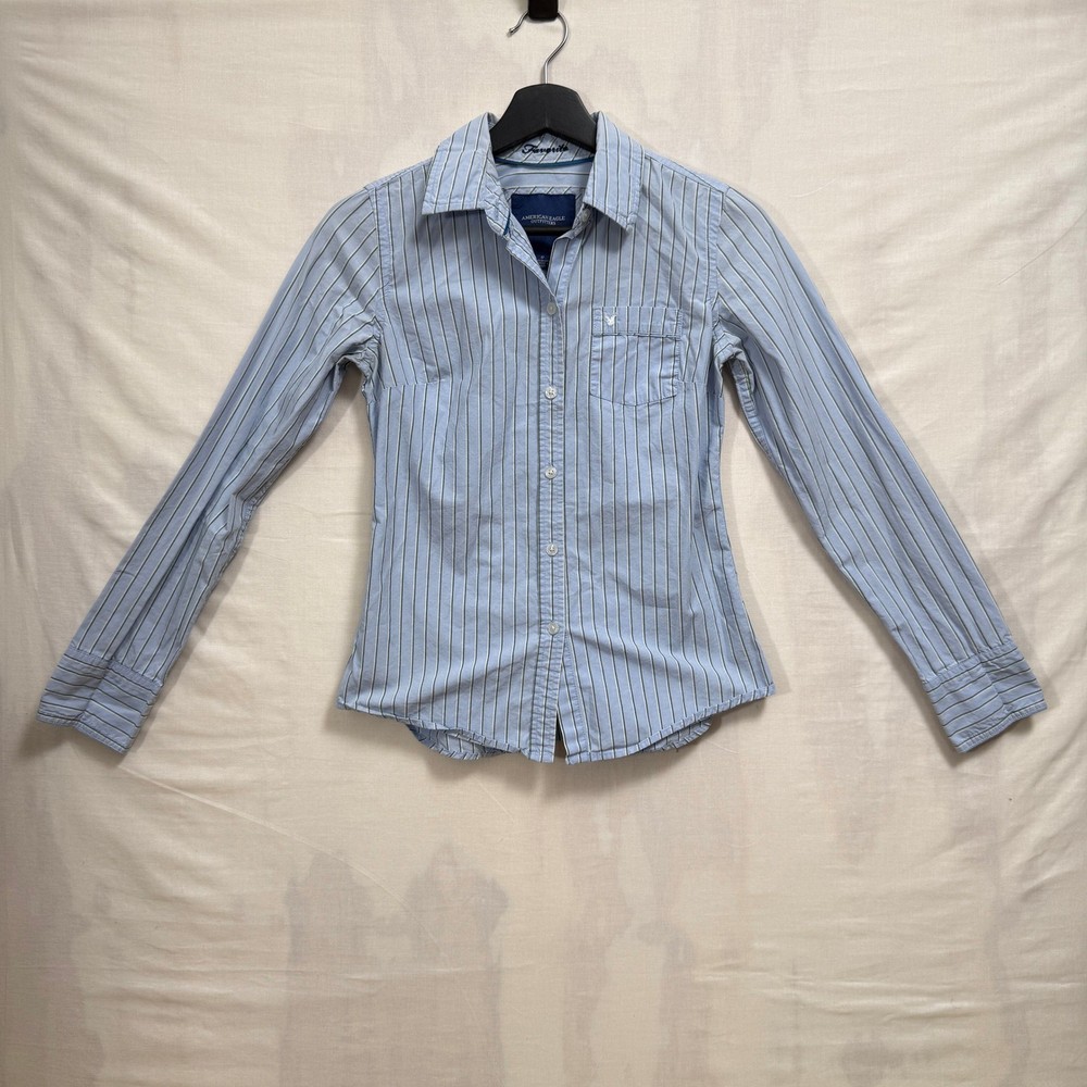 American Eagle Striped Button Down Shirt Womens 0 Blue Green Long Sleeve Cotton