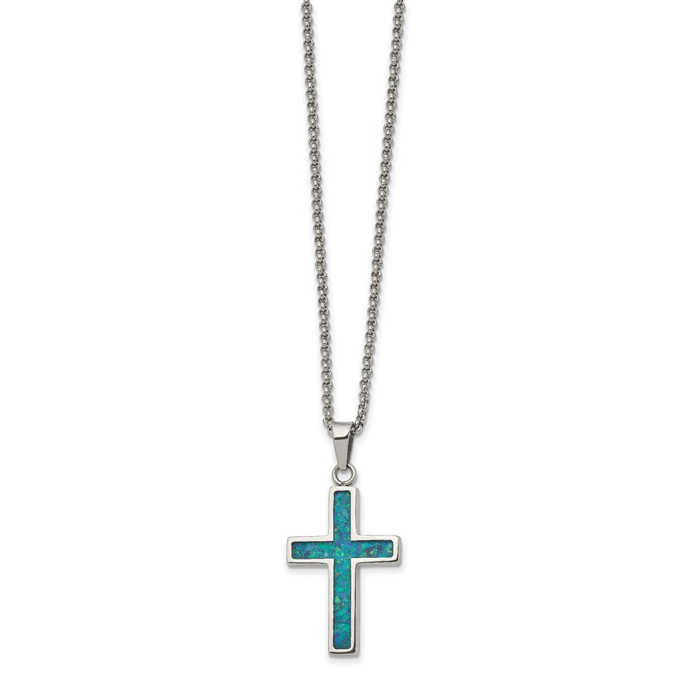 Stainless Steel Polished with Opal Small Cross Pendant Rolo Chain Necklace 22