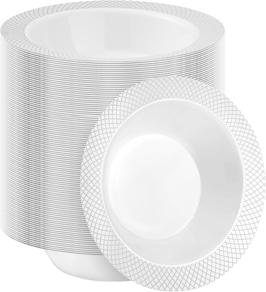 Heavy-Duty 12oz Plastic Bowls with Silver Rim - Perfect for Weddings & Events