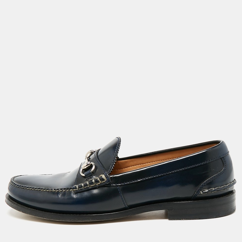 Gucci Navy Blue Leather Horsebit Slip-On Loafers Size 46 EU