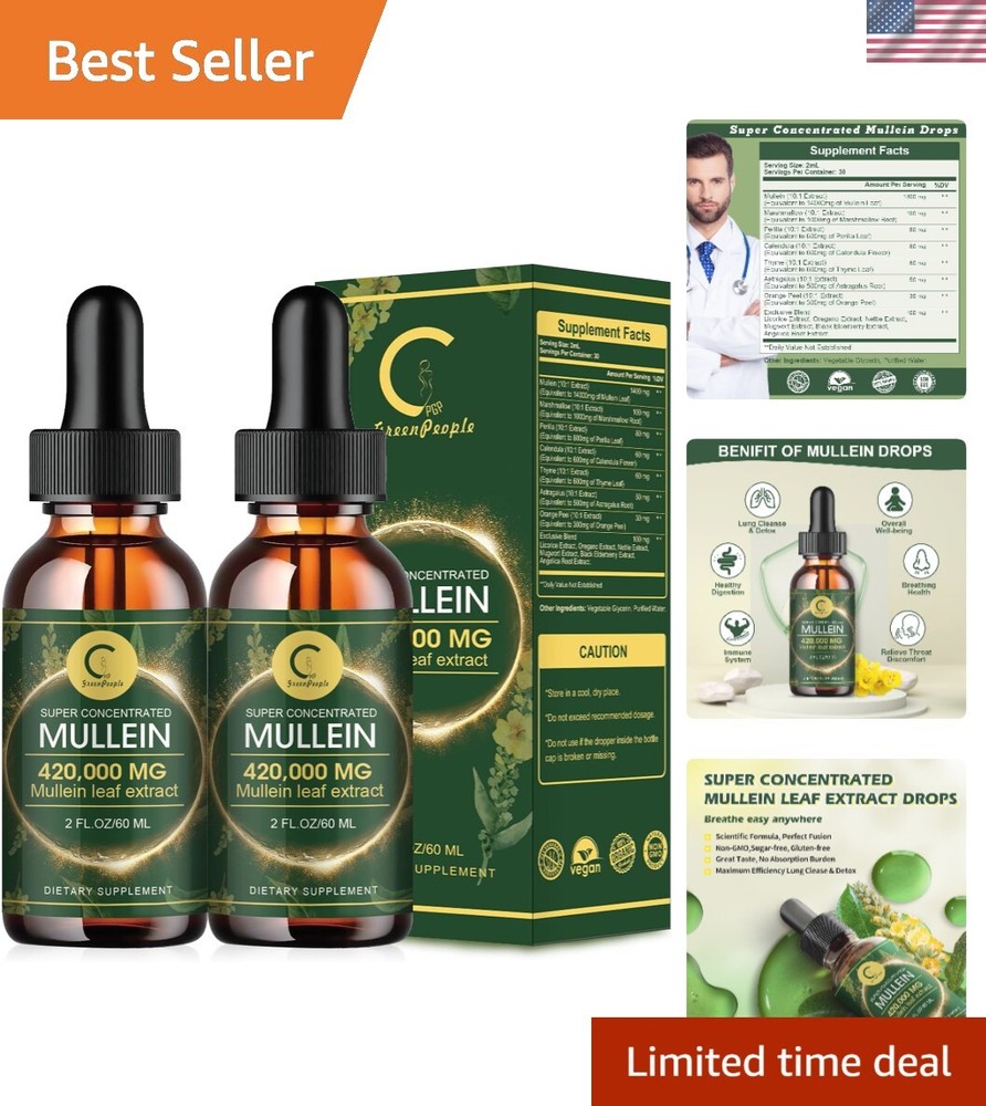 2 Pack Mullein Drops for Lungs - 14000mg Mullein Leaf Extract for Lung Detox ...