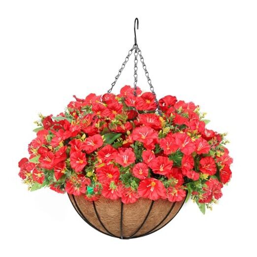 Artificial Hanging Flower Basket with Red Faux Silk Petunias Fake Plants