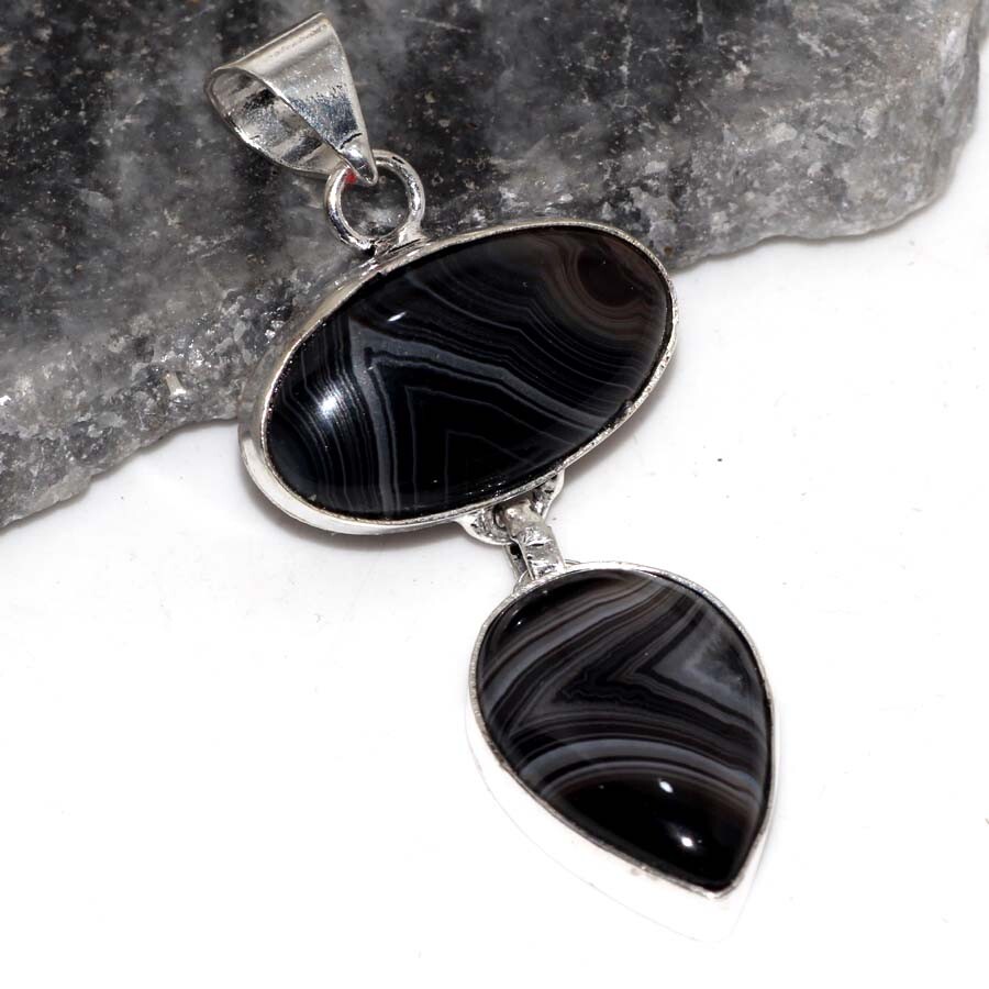 Banded Black Onyx 925 Silver Plated Long Pendant 2.4