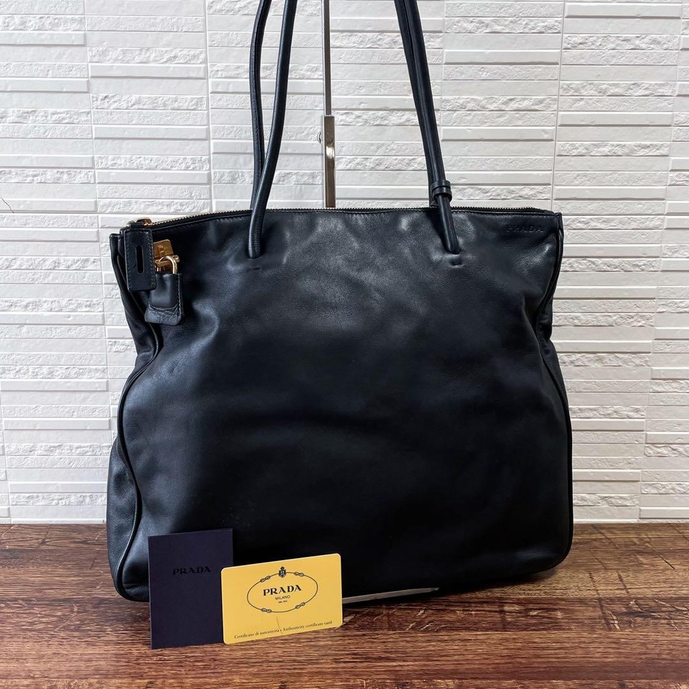 Prada Black Leather Shoulder Tote Bag with Gold Hardware Japan Import