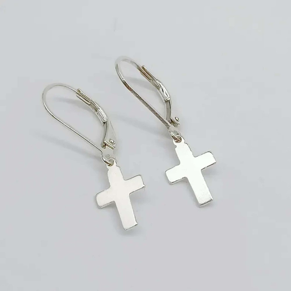925 Sterling Silver Leverback Small Cross Earrings Minimalist Jesus Jewelry