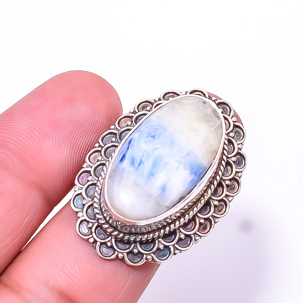 Natural Blue Scheelite Fine Art Oxidised 925 Sterling Silver Ring S.10 R36