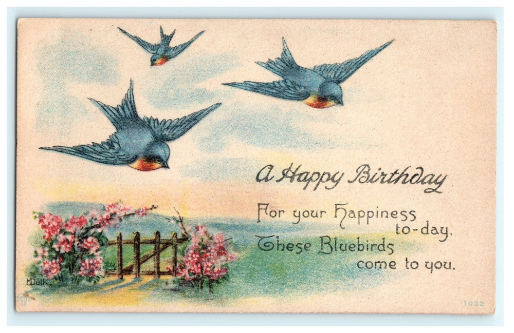 A Happy Birthday Bluebirds Scene - Vintage Postcard
