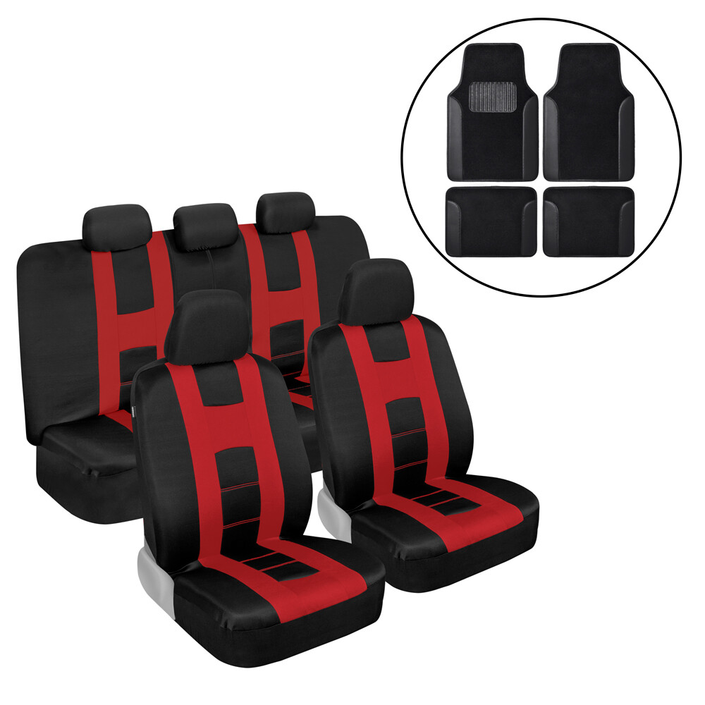 Full Set Red Car Seat Covers with Black Carpet Floor Mats Combo
