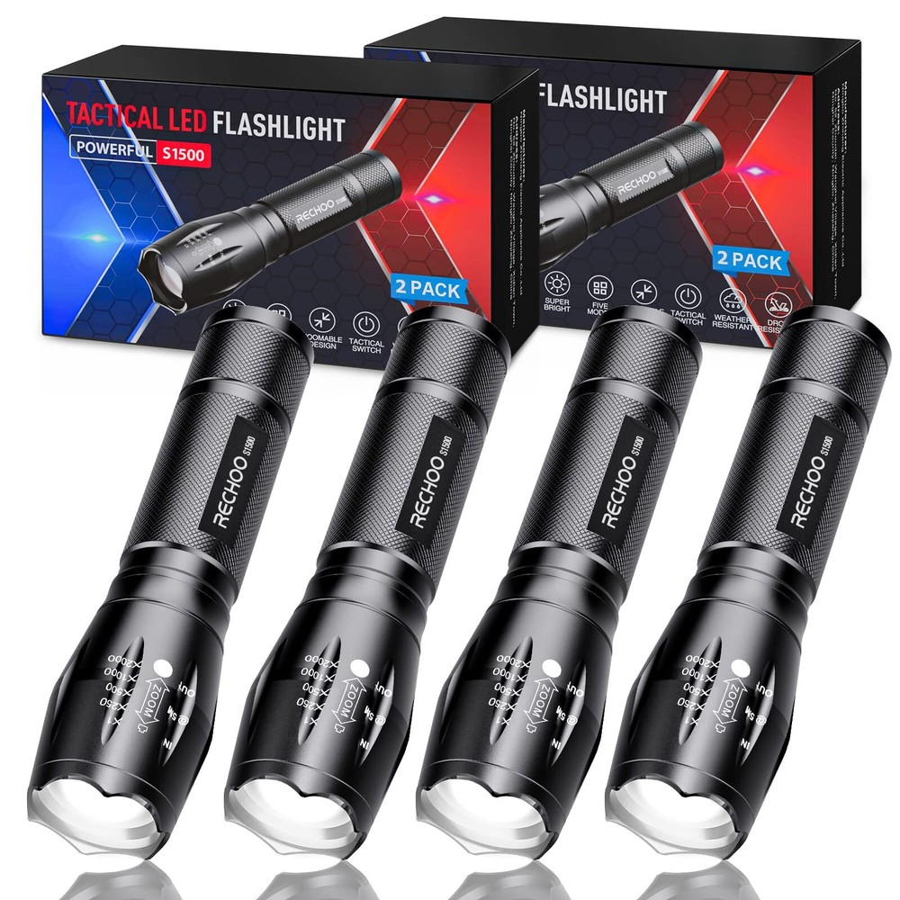 Tactical Flashlights 4 Pack, Bright Zoomable LED Flashlights with High Lumens...