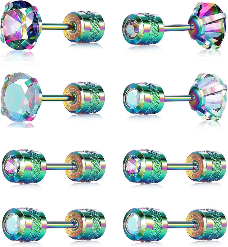 Pack of 4 Titanium round CZ Screw Back Earrings Hypoallergenic for Sensitive Ear