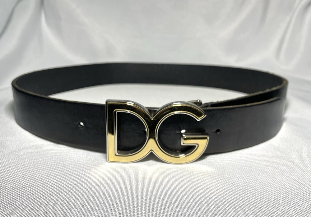 Auth [Rare] Dolce & Gabbana DG main icon  Buckle Leather Belt Gold & Black 85/34