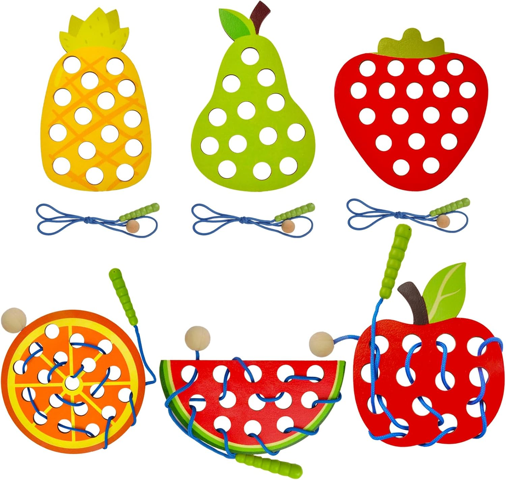 Ecam 6 Pcs Lacing Toy for Toddlers, Wooden Threading Toys, Educational and Learn