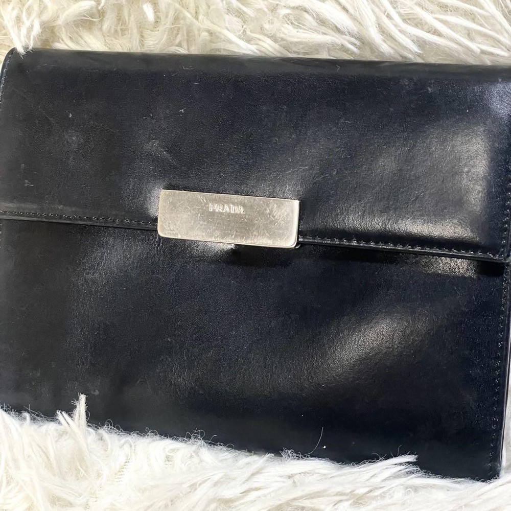 PRADA Tri Fold Wallet Black Silver Plate Campaign Exclusive