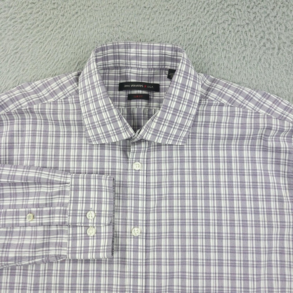 John Varvatos U.S.A. Dress Shirt Mens 16.5 Purple Plaid Slim Fit Cotton