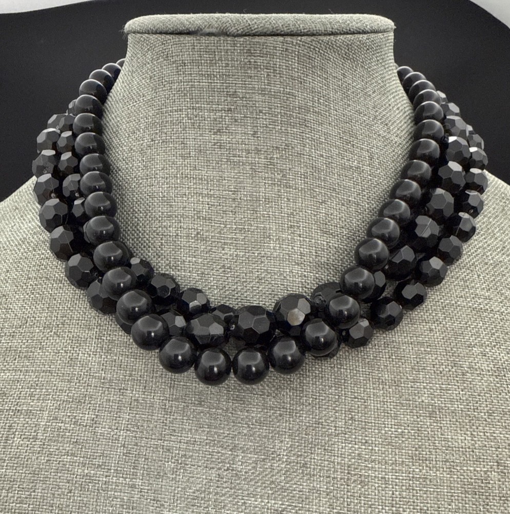 NECKLACE EXPRESS 3 Strands Black Beads 17 Inches 3 Inch Extension See Photos