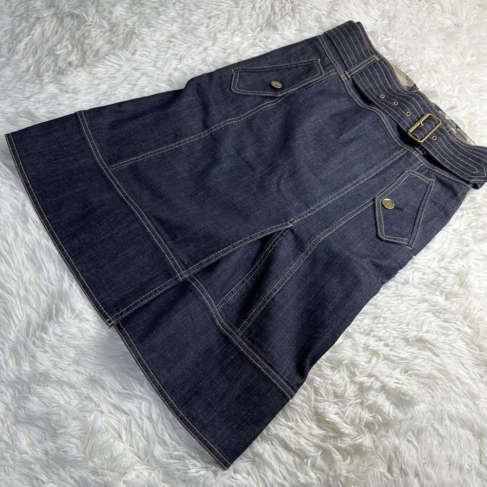 Burberry Nova Check Dark Blue Denim Knee-Length Skirt Belt Accents Size 36 M
