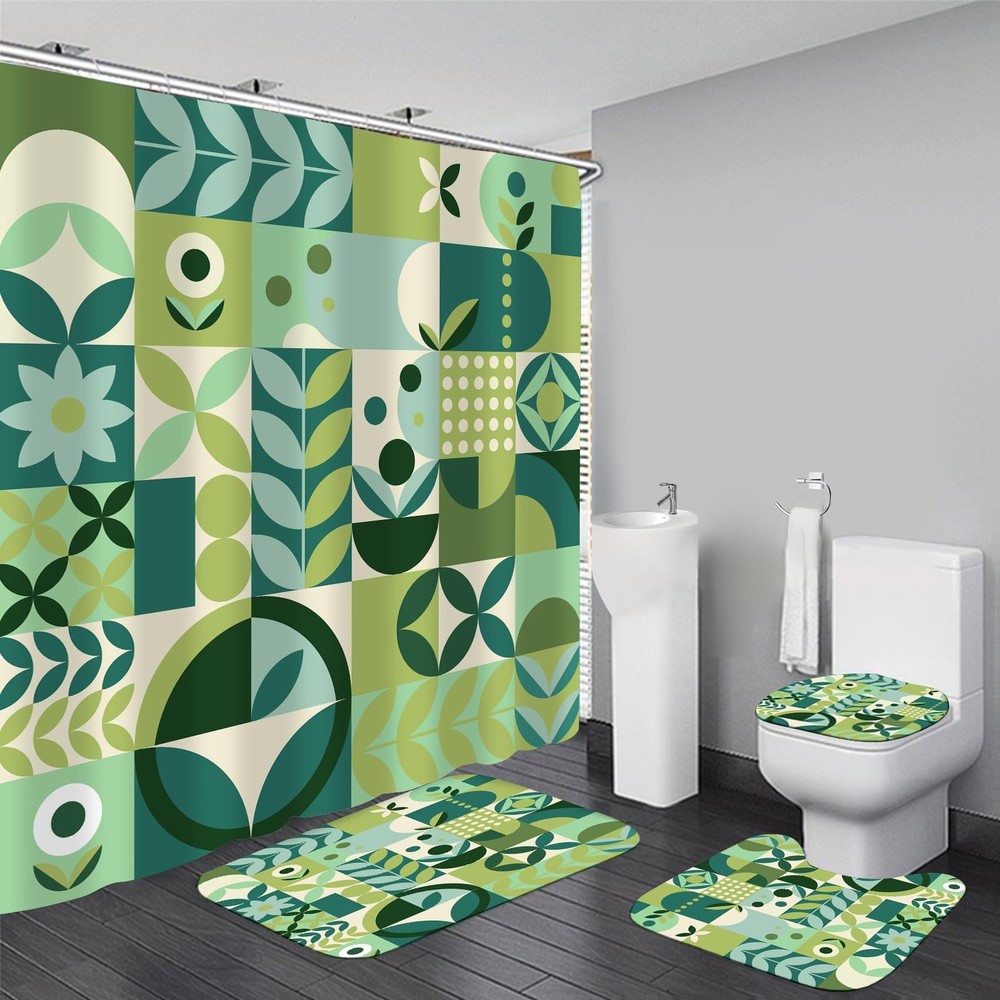 4 Pieces Green Geometric Modern Bathroom With Shower Curtain and Rugs Sets Decor