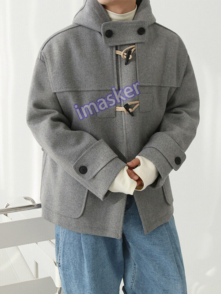 Hooded Woolen Coat Men's Winter Warm Cotton Coat Korean Loose Button Woolen Coat