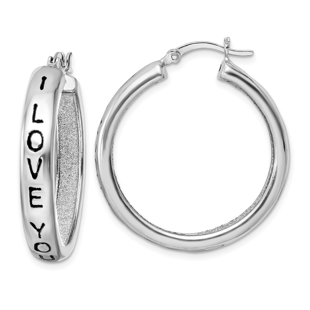 Sterling Silver Rhodium-plated Fabric Glitter I Love You Hoop Earrings 6.75gm